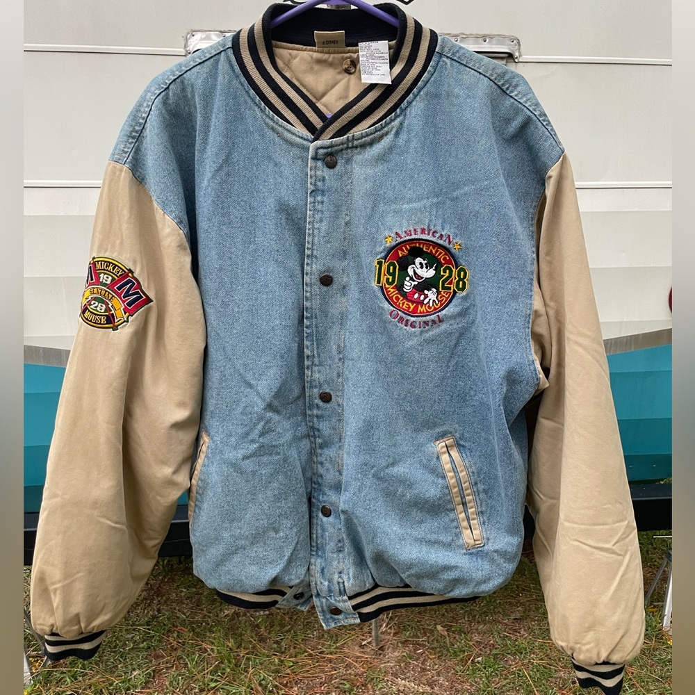 Vintage 90s Disney Mickey Mouse Varsity Jacket Mens Unisex XL Denim 1928 League